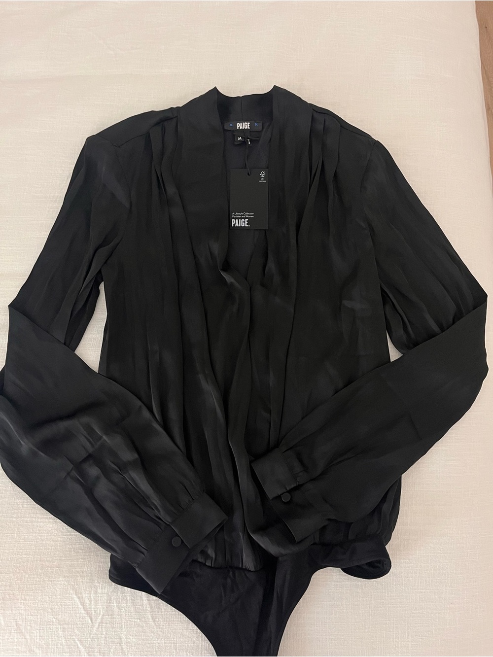 NWT PAIGE Black Draped Long Sleeve Bodysuit Blouse Size M